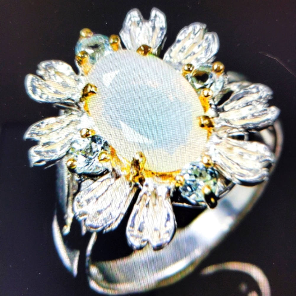 Opal and Topaz Fine Sterling Silver Ring Sz7